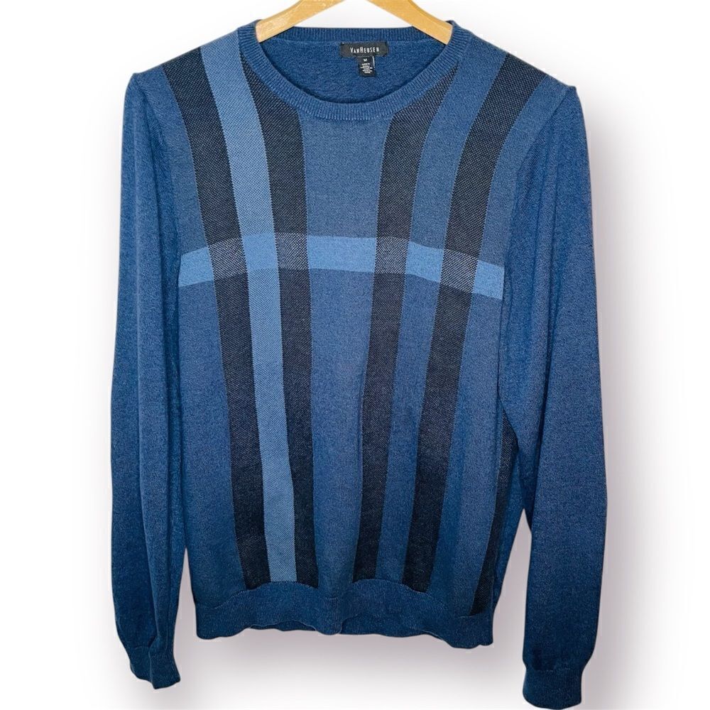 Van Heusen Mens Lightweight Long Sleeve Blue Cotton Crewneck Sweater Plaid M
